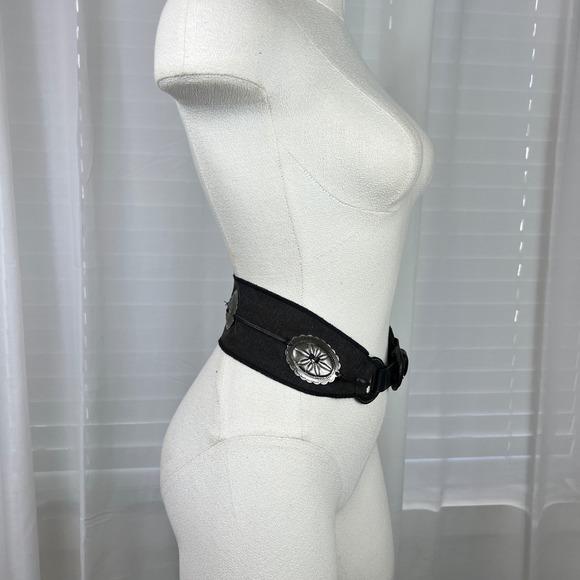 Unbranded Black Canvas Leather Wide Waist Belt Silver Concho Western Boho 29.5in - Picture 5 of 13